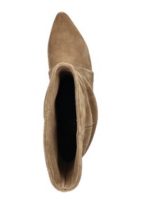 Bottine en daim beige à bout pointu, présentant une texture douce et une silhouette épurée. L'intérieur révèle une doublure noire.