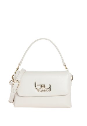 Borsa a mano in pelle bianca con manico corto, tracolla regolabile e logo metallico "byblos" sulla patta anteriore.