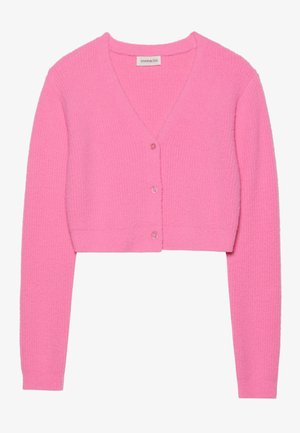 Rose boja, skraćena cardigan jakna od teksturiranog pletenog materijala. Ima V-izrez, duge rukave i pet dugmadi u istoj boji sprijeda.