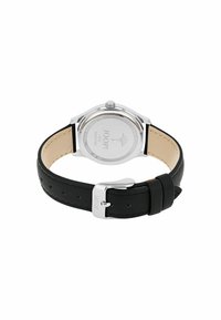 Rückansicht einer Armbanduhr mit schwarzem Lederarmband, polierter silberner Schnalle mit Gravur "JOOP!" und Gehäuseboden aus Edelstahl mit Markeninformationen.