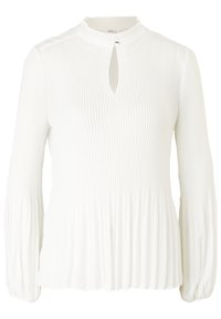 Camicia bianca a maniche lunghe con colletto alto e apertura a chiave, caratterizzata da una texture a righe verticali e orlo svasato. Tessuto morbido.