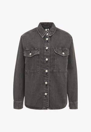 Dark gray denim jacket featuring a button-up front, two chest pockets, and a folded collar. Textured fabric with visible stitching details.