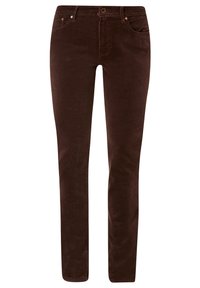 Pantalones de tergal marrones con un diseño ajustado, que cuentan con un cierre de botón, cinco bolsillos y una superficie ligeramente texturizada.