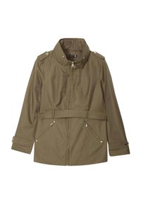 Olijfgroene, taille-lange jas van zacht stof met een hoge kraag, rits sluiting, twee ritszakken en een riemdetail bij de taille.