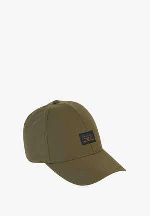 Olive green baseball cap with a structured crown, curved brim, and a rectangular fabric patch featuring logo details. Made from soft material.