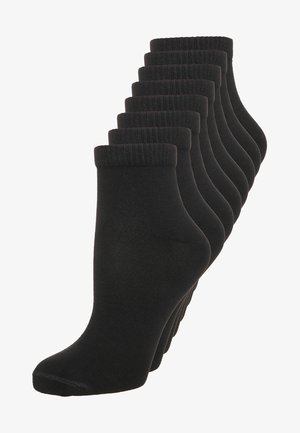Black ankle socks displayed in a row, featuring a ribbed cuff, smooth texture, and uniform design. Ten pairs are visible.