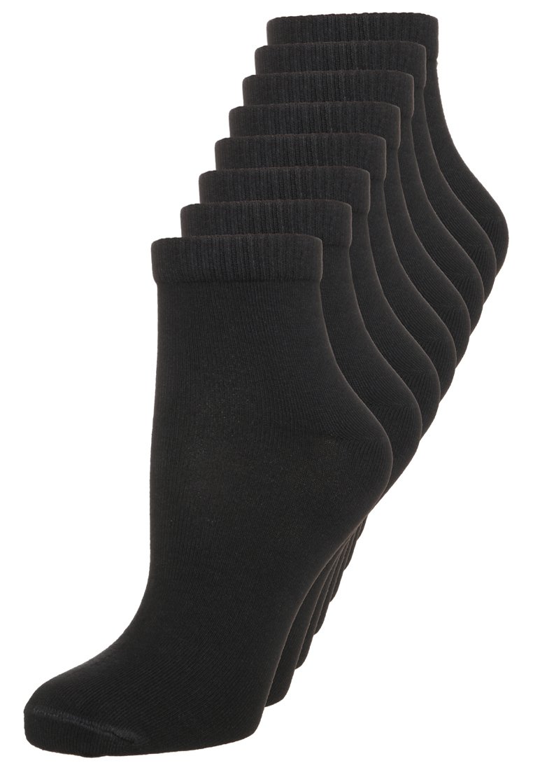 Calzini neri alla caviglia esposti in fila, con un polsino a coste, una superficie liscia e un design uniforme. Sono visibili dieci paia.