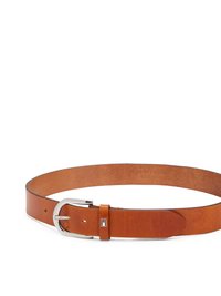 Vegetable-tanned leather belt in warm brown with a silver metal buckle. Features a subtle logo accent and a smooth, matte texture.