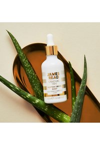 Bottiglia bianca con contagocce, dettagli dorati, etichettata "James Read Gradual Tan H2O Tan Drops Body", posizionata su un piatto ovale marrone con foglie di aloe vera.