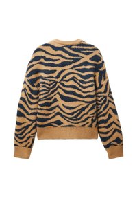 Pull à manches longues rayé tigre marron et noir avec des poignets, un ourlet et un col côtelés, présenté de dos sur un fond blanc.