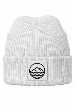 White knit beanie with ribbed texture and a folded cuff. Front features a square patch with a black mountain and wave graphic.