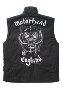Juodas be rankovių liemenė su dideliu baltu grafiniu piešiniu, kuriame pavaizduotas kaukolė ir ragai. Tekstas skaito "Motörhead" ir "Anglija". Priekiniai mygtukų užsegimai.
