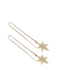 Goldfarbene Sternohrringe mit strukturiertem Verlauf und kleinen erhabenen Punkten; lange Kette zum Hängen; minimalistisches Design.