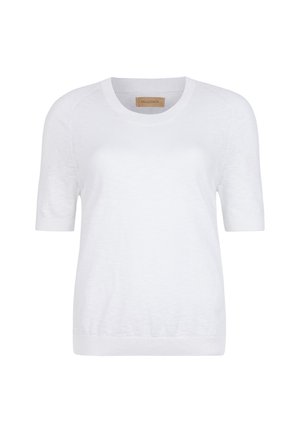Pull blanc à manches courtes en tissu léger, avec un col rond et des poignets et un ourlet côtelés. Design simple et épuré.