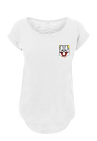 White short-sleeve t-shirt featuring a cartoon character's face on the left chest, with a rounded neckline and soft fabric texture.