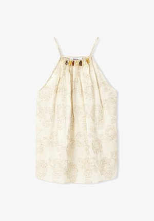 Kremowy bezrękawnik z marszczeniem, ozdobiony teksturowanym kwiatowym wzorem i dekoracyjnymi koralikami wzdłuż dekoltu. Lekki materiał.