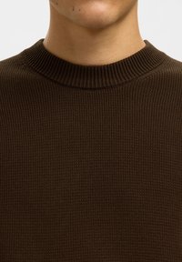 Primo piano di una persona che indossa un maglione lavorato a maglia marrone scuro con scollo rotondo a coste su uno sfondo uniforme.