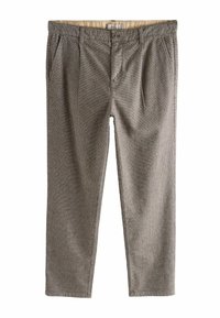 Gray houndstooth patterned trousers with a straight fit, featuring side pockets and a waistband button closure. Smooth fabric texture.