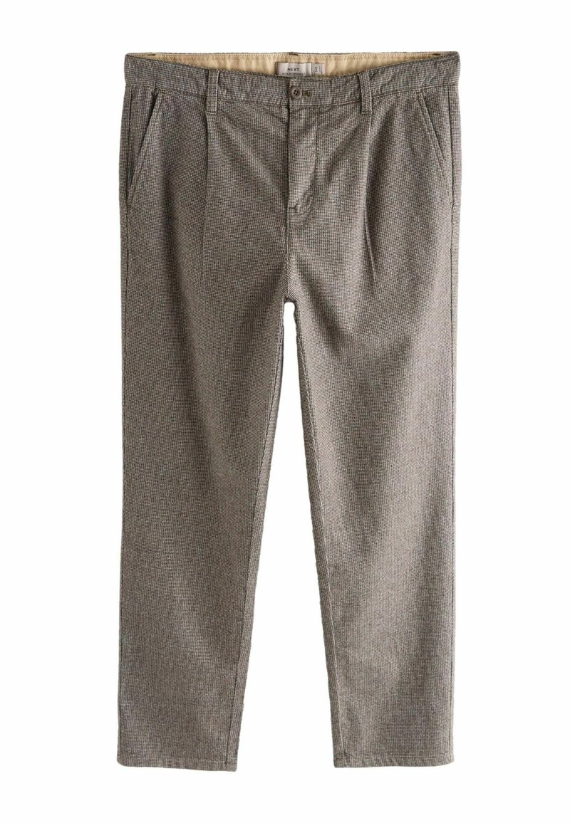 Gray houndstooth patterned trousers with a straight fit, featuring side pockets and a waistband button closure. Smooth fabric texture.