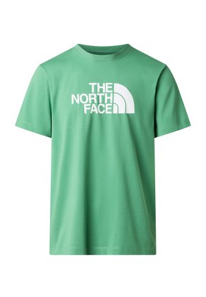 Camiseta de algodón verde con un logotipo gráfico blanco que dice "THE NORTH FACE" y un patrón curvo. Mangas cortas y cuello redondo.