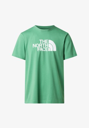 Camiseta de algodón verde con un logotipo gráfico blanco que dice "THE NORTH FACE" y un patrón curvo. Mangas cortas y cuello redondo.
