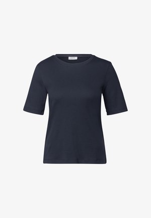 Granatowa koszulka z krótkim rękawem, wykonana z miękkiej bawełny, z okrągłym dekoltem i luźnym krojem, z minimalnymi detalami szwów.