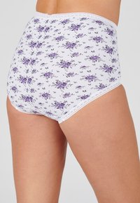 Mutande in cotone a vita alta con sfondo bianco, decorate con un motivo floreale in viola e grigio, rifinite con un delicato pizzo.