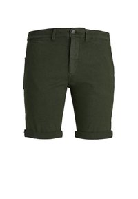 Zelené šortky vyrobené z texturované tkaniny, s knoflíkovým zapínáním, ohrnutými manžetami a bočními kapsami pro funkční design.