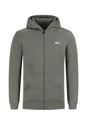 Olchowa bluza z kapturem na zamek, wykonana z miękkiego materiału, z kieszenią kangurzą, ściągaczami na rękawach oraz małym białym logo na lewej piersi.