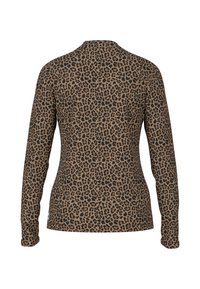 Langärmliges Oberteil in Tan mit schwarzem Leopardenmuster. Weicher, dehnbarer Stoff mit rundem Halsausschnitt und figurbetonter Silhouette. Keine sichtbaren Beschläge.