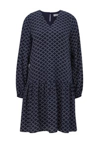 Kleid mit Marine-Muster, V-Ausschnitt, langen Ärmeln und einem gerafften Volantsaum. Das Gewebe ist mit weißen geometrischen Formen durchzogen.