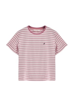 Roze en witte gestreepte t-shirt met korte mouwen en een ronde halslijn, met een klein geborduurd logo op de borst. Zacht katoen.