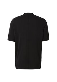 T-shirt nera a maniche corte vista da dietro, con una semplice scollatura rotonda e una cucitura verticale centrale.