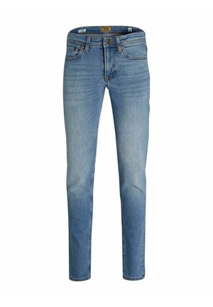 Męskie jasnoniebieskie jeansy slim fit z pięcioma kieszeniami i zapięciem na guziki, z subtelnym blaknięciem i zagięciami na przednich udach.