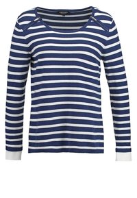 Navy and white striped long-sleeve shirt with a round neck and shoulder zip detail. Soft fabric with contrasting solid cuffs.