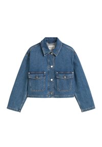 Skórzana kurtka jeansowa z krótkim krojem, kołnierzykiem, dwiema kieszeniami na piersiach i zapięciem na guziki, z klasycznym niebieskim wykończeniem i minimalistycznym wzornictwem.