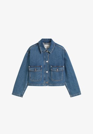 Gekürzte Jeansjacke mit Kragen, zwei Brusttaschen und Knopfverschlüssen, in einem klassischen blauen Waschung und minimalistischem Design.