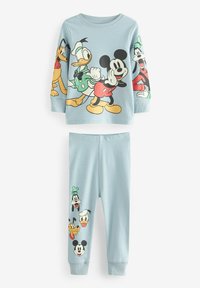 Lichtblauwe twee-delige pyjama-set met een lange mouwen top met kleurrijke karakterafdrukken en bijpassende elastische broek met motieven.