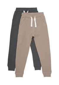 To par joggebukser: en i mørkegrå og en i beige. Begge har elastisk midje med hvite snorer og sidelommer.