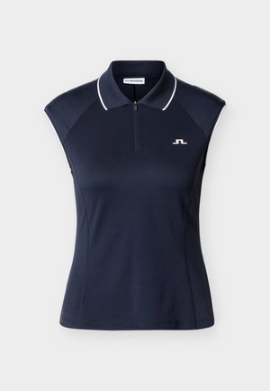 Tmavě modrá polokošile bez rukávů s bílým lemováním, čtvrtinovým zipem a malým logem na levé straně hrudi; hladká, sportovní textura látky.