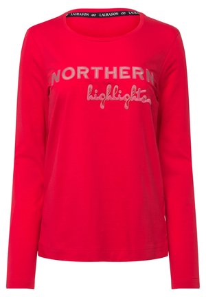 Rotes Langarmshirt mit Rundhalsausschnitt und dem Text "NORTHERN highlights" in kontrastierenden Farben. Aus weichem Baumwollmaterial.
