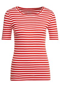 Camiseta de manga corta a rayas rojas y blancas con cuello redondo, hecha de algodón, con rayas horizontales uniformemente espaciadas.