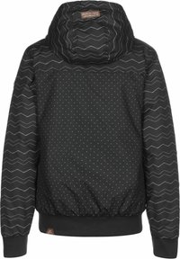 Schwarze gepolsterte Jacke mit Kapuze, die ein Zickzackmuster auf den Schultern und kleine weiße Punkte am Körper aufweist. Elastische Bündchen und Saum.