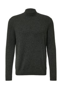 Maglione grigio scuro in maglia con collo alto, maniche lunghe e polsini a costine, caratterizzato da una finitura morbida e strutturata. Nessun logo o motivo visibile.