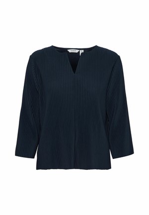 Top plisat de culoare albastru marin, cu manșete trei sferturi și decolteu în V. Textură netedă, croială lejeră și cu cusături �în stil raglan la umeri.