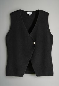 Gilet nero in maglia con scollo a V e design senza maniche, dotato di chiusura frontale con bottoni e finitura testurizzata.