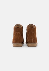 Botas de tobillo de ante marrón con cremalleras laterales, tiradores en la parte posterior y tacones de madera apilados bajos, mostradas desde la parte trasera sobre un fondo liso.