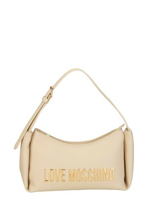Beige Lederschultertasche mit verstellbarem Riemen und ""LOVE MOSCHINO"" vorne in goldenen Buchstaben geprägt.