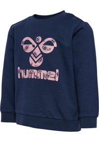 Dunkelblaues Sweatshirt mit pinkem Grafikdesign, das stilisierte Muster und den Text "hummel" zeigt. Runder Hals und Druckknopfdetails auf der Schulter.