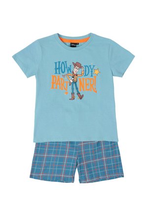 Conjunto de pijama azul para niños con pantalones cortos de cuadros y una camiseta que presenta a Woody de Toy Story con el texto "¡Hola compañero!" y un ícono de placa de sheriff.